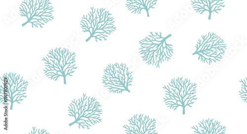 Delicate seamless pattern of light blue sea coral branches scattered on a clean white background for a refreshing nautical look.