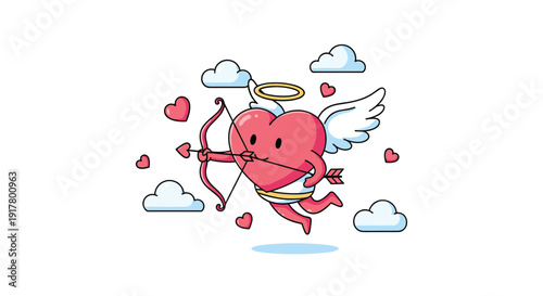 Whimsical illustration of a flying pink heart character dressed as Cupid with a bow, arrow, wings, and a halo in the clouds.
