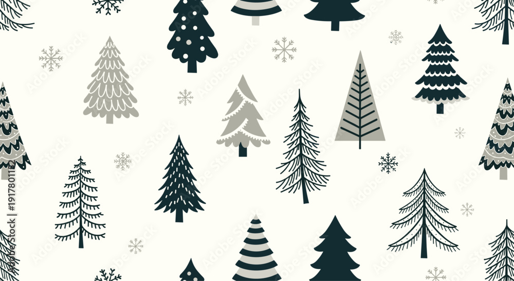 Fototapeta premium Minimalist seamless pattern featuring various green and grey stylized pine trees and white snowflakes on a light cream background.