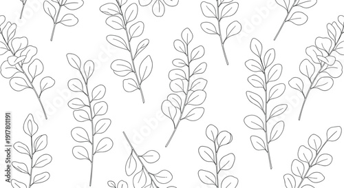 Elegant seamless pattern of delicate black and white line art leafy branches scattered over a clean white background.