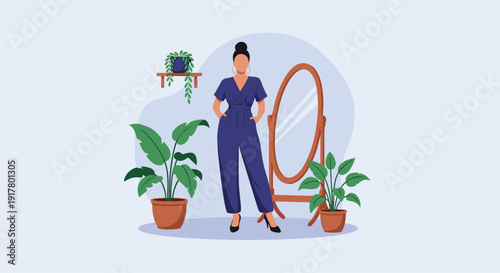 Fashionable woman standing in a blue jumpsuit in a cozy room with plants and an oval mirror in the background.