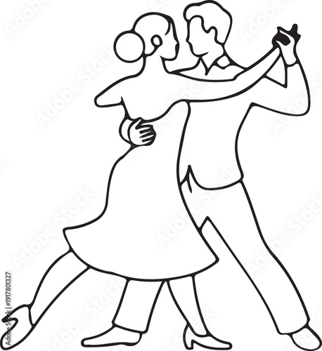 Minimal Line Art of Ballroom Dancing Couple, Simple black outline illustration of a couple performing a ballroom dance, representing partnership, elegance, rhythm, and social dance culture.