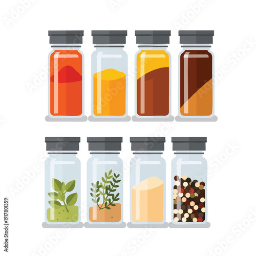 Assorted Spice Jars with Fresh Herbs and Seasonings for Cooking and Culinary Use