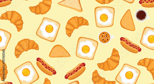 Delicious seamless pattern of breakfast items including croissants, fried eggs on toast, hot dogs, and cups of coffee on a yellow background.