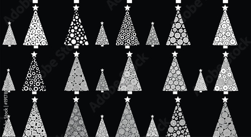 Striking black and white seamless pattern featuring stylized Christmas trees decorated with intricate patterns on a dark background.