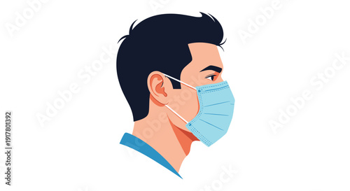 Side profile illustration of a young man with dark hair wearing a blue surgical medical mask for health protection.
