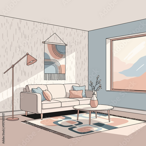 Cozy minimalist living room interior with a comfortable sofa, round coffee table, decorative rug, modern floor lamp, and abstract wall art, conveying a calm and elegant mood.