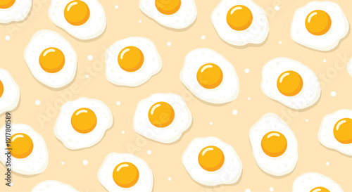 Seamless pattern design featuring many sunny side up fried eggs on a light yellow background with small white dots for kitchen decor or fabric.