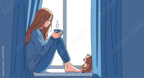 Lofi style illustration of a young woman sitting on a window sill at night drinking hot tea with a small teddy bear friend by her side.