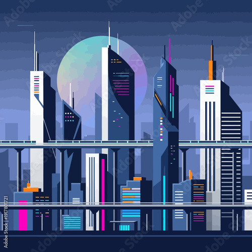 Futuristic urban cityscape at night with towering modern buildings and a large celestial body in the dark sky, showcasing contemporary architecture.