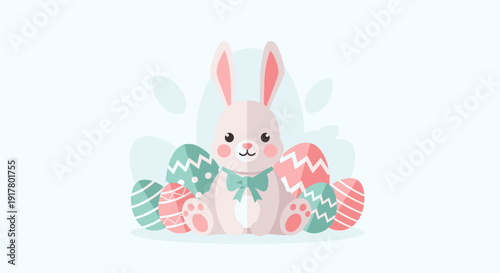 Cute illustration of an Easter bunny surrounded by colorful decorated eggs.  Perfect for holiday greeting cards, website banners, and social media posts.
