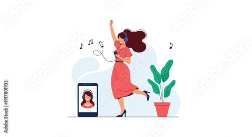 Vibrant scene of a woman dancing while listening to music and having a video call with a friend on a smartphone in her living room.