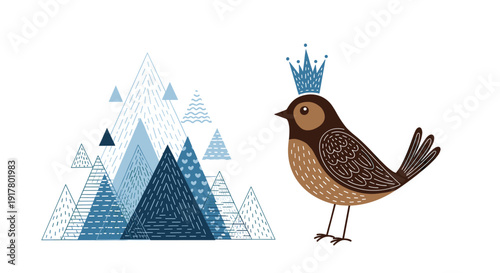 Charming illustration of a little brown bird wearing a blue crown standing next to a mountain range composed of patterned blue triangles.
