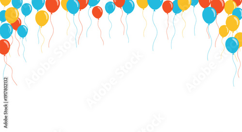 Festive border design featuring a variety of colorful balloons in red, blue, and yellow floating at the top of a clean white background.