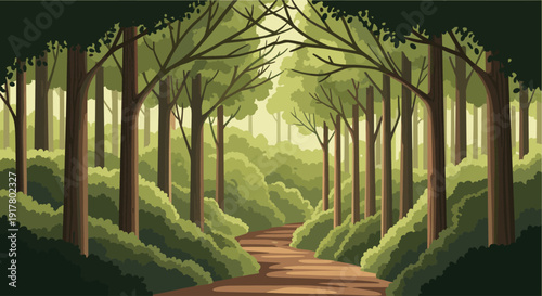 Beautiful cartoon illustration of a peaceful forest with tall trees and a winding path. Great for backgrounds, websites, or children's books, evoking calm and nature.