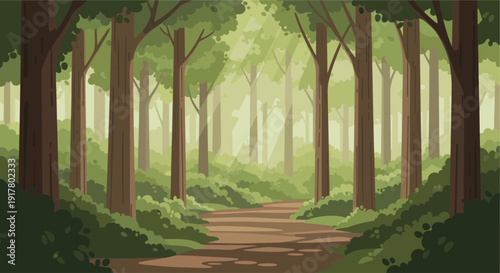 Cartoon style vector illustration of a forest with sunlit path. Ideal for background, storybook, animation, or website. Calm, nature-focused scenery with detailed trees.