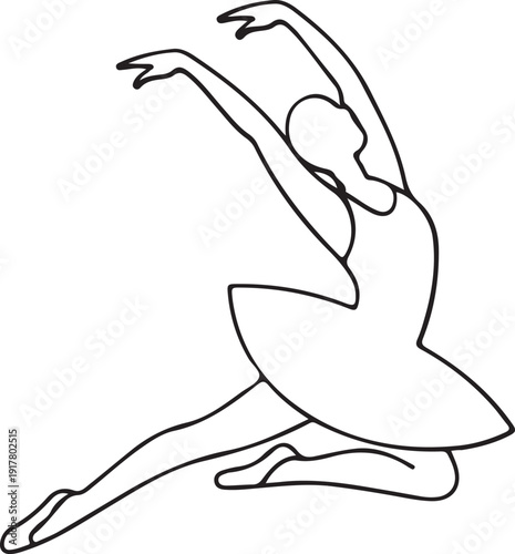 Minimal Line Art of Ballet Stretch Pose, Simple black outline illustration of a ballet dancer stretching gracefully on one knee with raised arms, representing elegance, flexibility, and dance practice