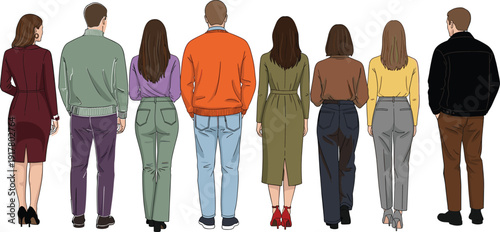 Back view of diverse group of people standing together in casual fashion clothing for community, teamwork, unity, and social diversity.