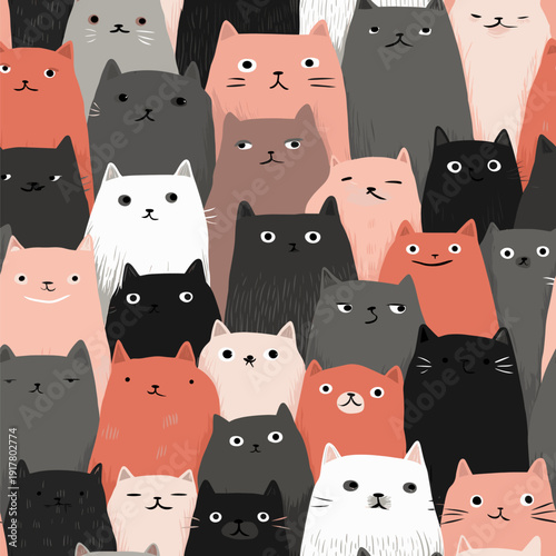 Cute cat pattern creating seamless animal background texture. Many cute cats with different expressions forming a seamless animal pattern