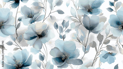 Delicate watercolor flowers creating seamless floral pattern. Soft pastel blue and gray flowers floating as an elegant botanical pattern