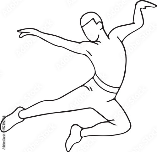 Minimal Line Art of Jumping Ballet Dancer, Simple black outline illustration of a ballet dancer leaping gracefully, representing movement, dance performance, elegance, flexibility, and artistic expres