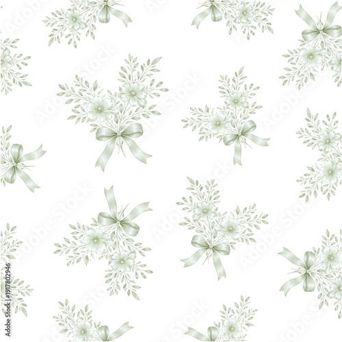 Seamless vintage watercolor floral pattern with hand drawn sage green ribbon bows and delicate botanical flowers