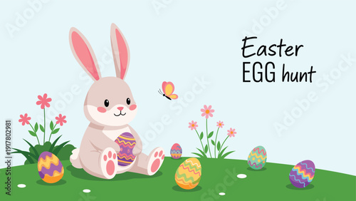 Cute cartoon bunny sitting on green grass holding a decorated egg for an easter egg hunt celebration with flowers and butterfly.