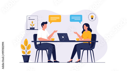 Professional colleagues having a business meeting at a desk with laptop and coffee while sharing ideas represented by speech bubbles.