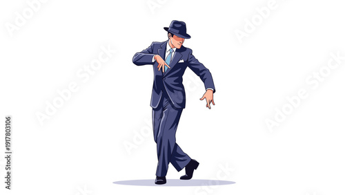 Energetic man in a formal dark blue suit and fedora hat performing a classic dance move with confidence on a simple white background.