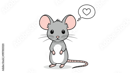 Little grey mouse character with pink ears standing and dreaming about love with a small heart symbol inside a thought bubble above.