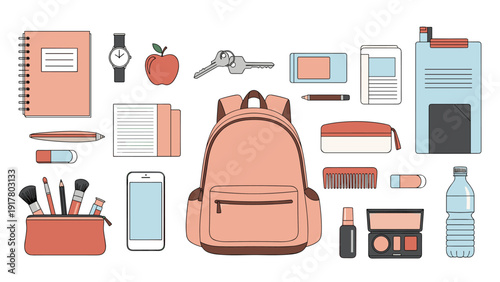 Diverse set of school and everyday essentials including a backpack, notebook, phone, keys, and makeup items for a daily routine.