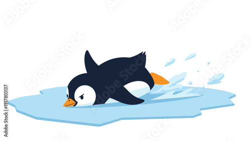 Funny cartoon penguin sliding on its belly across a flat sheet of blue ice with a determined expression on its face in the cold.