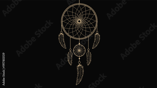 Elegant golden dreamcatcher with intricate webs and hanging feathers displayed on a solid black background for a mystical aesthetic.