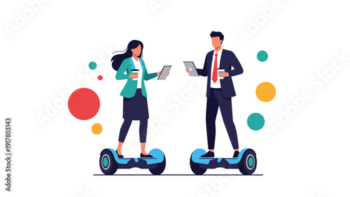 Modern business professionals traveling on blue hoverboards while holding digital tablets and coffee cups in a corporate environment.