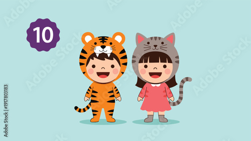 Two cute children wearing animal costumes for a party including a boy in a tiger suit and a girl in a cat hat with a long tail.