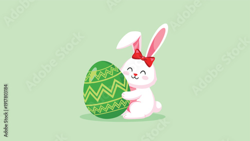 Cheerful white bunny with a red bow tie hugging a large green egg decorated with zig zag patterns for an easter holiday theme.