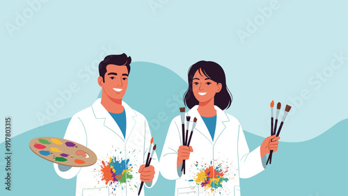 Smiling male and female artists wearing white lab coats and holding paintbrushes and palettes with vibrant paint splatters.