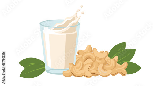 Healthy glass of vegan cashew milk with a large splash effect surrounded by several raw cashew nuts and green foliage.