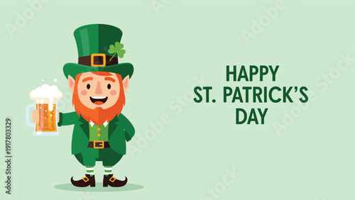Jolly leprechaun character holding a frothy mug of beer to celebrate St. Patrick's Day against a solid light green background.