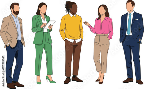 Diverse professional business team standing together in a row wearing stylish corporate attire for modern office workplace and recruitment concept.
