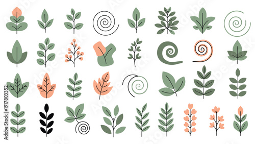 Large collection of minimalist nature icons including various types of green and orange leaves and stylized spiral elements.