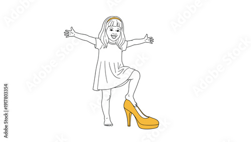 Playful little girl trying on her mother's oversized yellow high-heeled shoe while standing with her arms outstretched in joy.