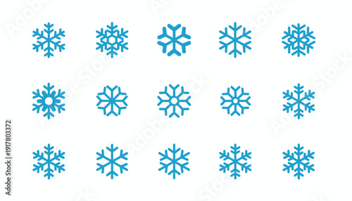 Collection of blue snowflakes arranged in a grid pattern on a clean white background viewed from directly above