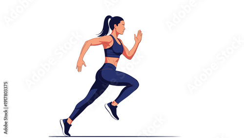 Strong athletic woman in dark sportswear running with high intensity and speed against a plain white background for fitness.
