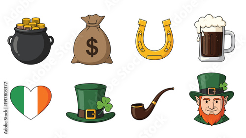 Comprehensive set of St. Patrick's Day icons featuring a leprechaun, pot of gold, beer, horseshoe, and Irish flag heart.