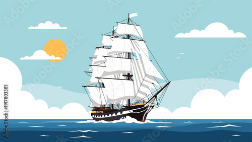 Majestic wooden sailing ship with white sails navigating through deep blue ocean waters under a bright sun and cloudy sky.