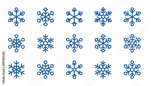 Collection of blue snowflakes illustrations on white background viewed from directly above