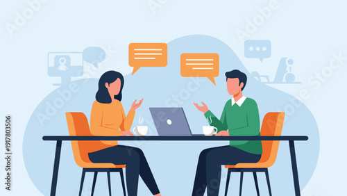 Professional man and woman sitting at a table with a laptop and coffee cups while having a productive business discussion.