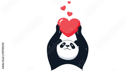 Loving panda bear looking up with a sweet expression while holding a large red heart with smaller hearts floating above.