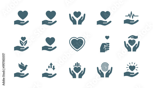 Collection of Hands Holding Heart Symbols and Icons Representing Love and Care in Various Illustrations